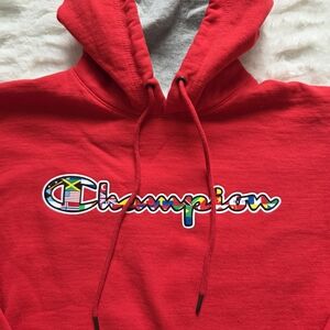 Champion Bright Red Hoodie with Multicolor Flag Logo